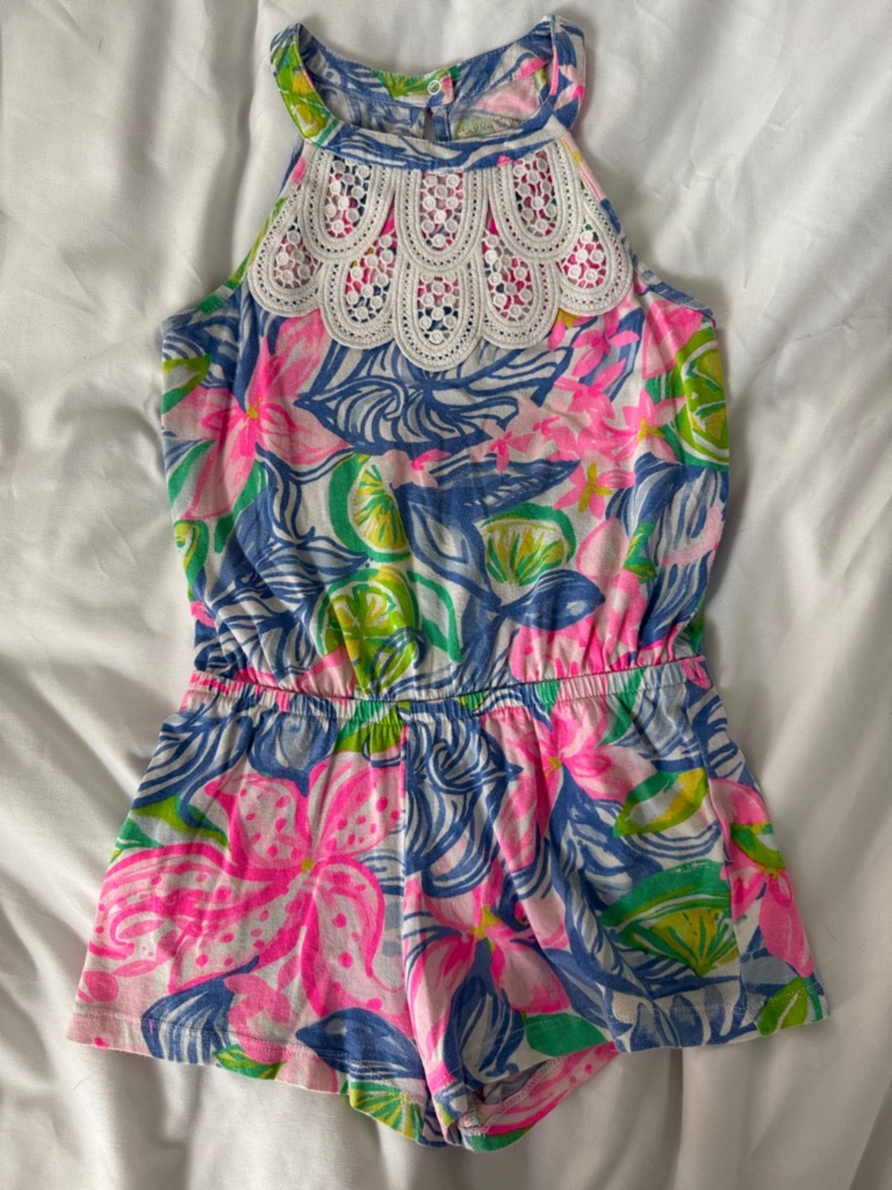 Lilly Pulitzer Girls' Floral Halter Romper with Lace Yoke - Pink & Blue